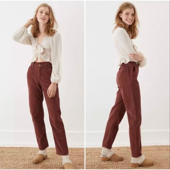 American Eagle Baggy Mom Pant Corduroy High Rise Brown/Red Size 0 Raw Hem Fall - Picture 1 of 14